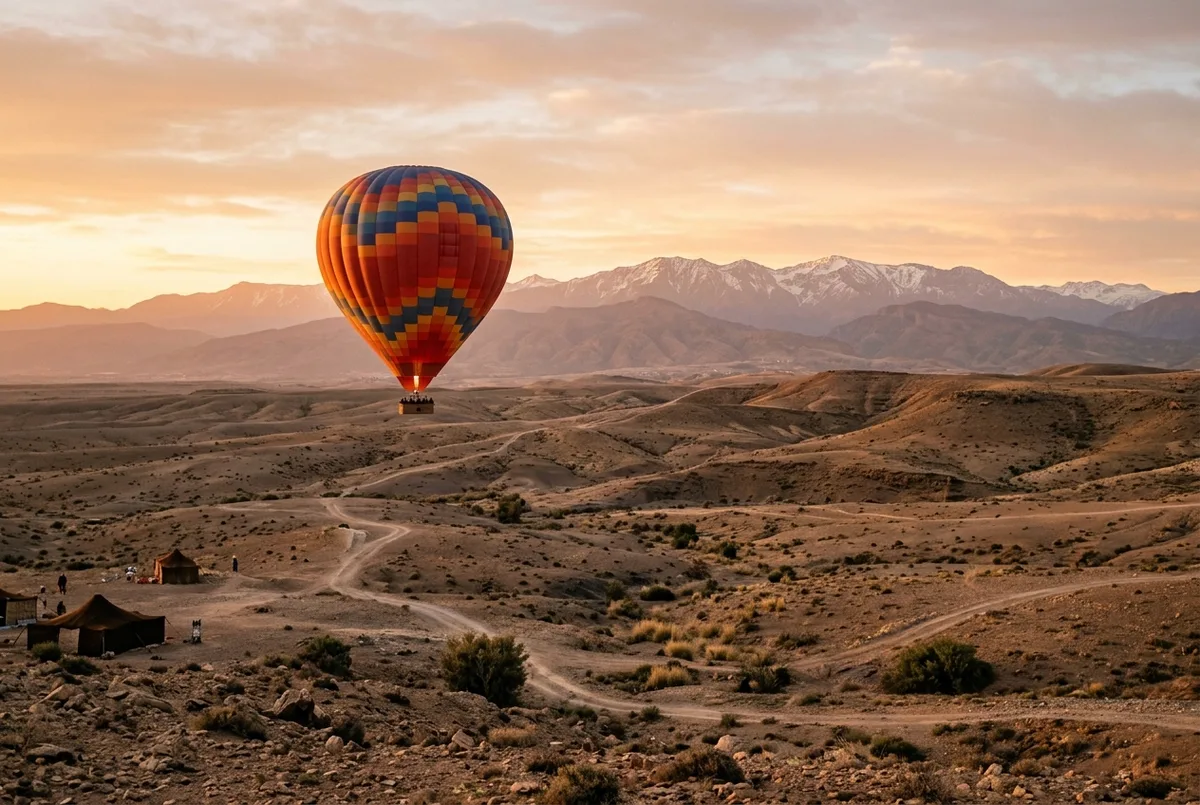 Hot air balloon drifting over a rocky, semi-arid desert plain near the Atlas Mountains outside Marrakech at sunrise, agafay desert hot air balloon scene