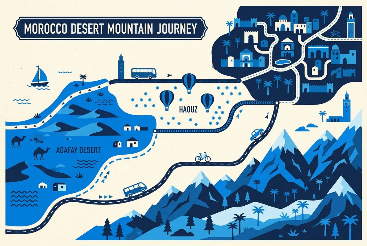 Simple map graphic showing Marrakech, the Haouz plain balloon launch area, the Agafay Desert plateau, and the Atlas Mountains, distances not to scale