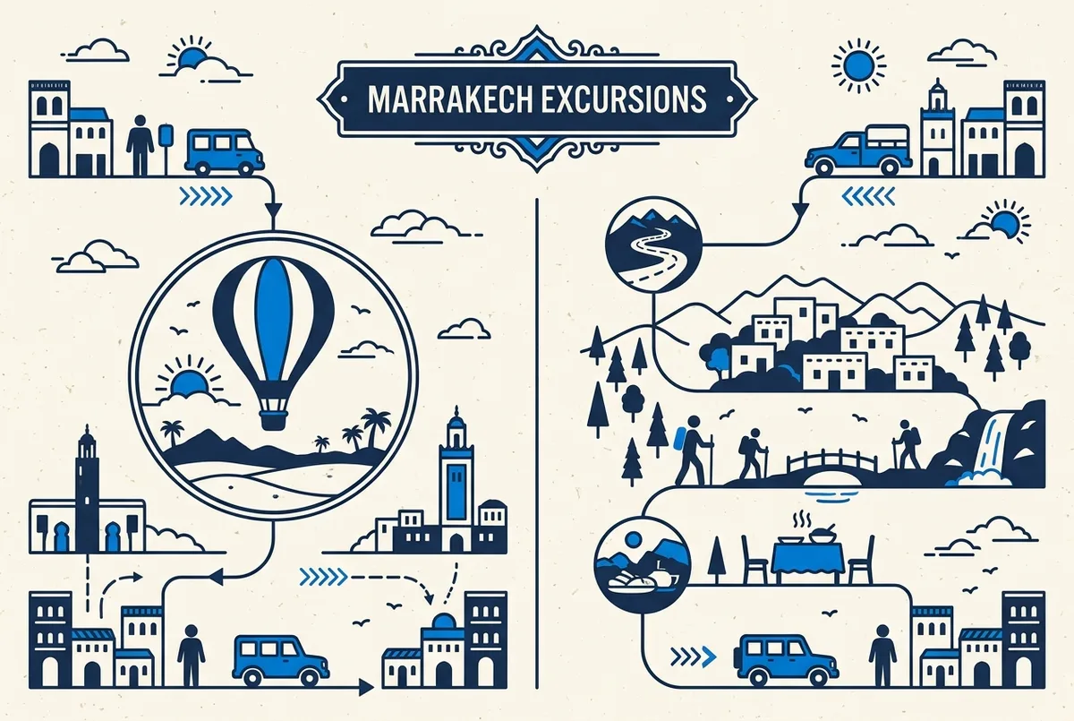 Infographic style timeline comparing a half day hot air balloon morning with a full day Atlas Mountains excursion from Marrakech, showing pickup, activity and return times for each