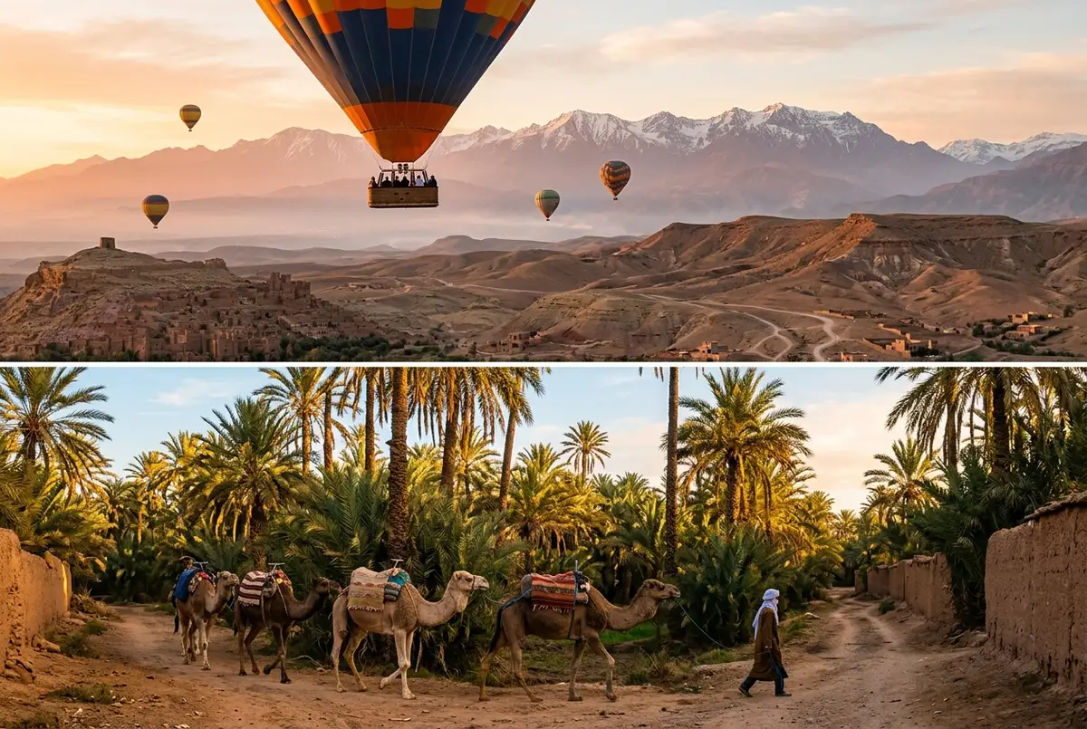 Split scene comparing a hot air balloon rising at sunrise over the Atlas foothills with a camel caravan walking through Palmeraie palm groves near Marrakech, hot air balloon vs camel trek marrakech comparison