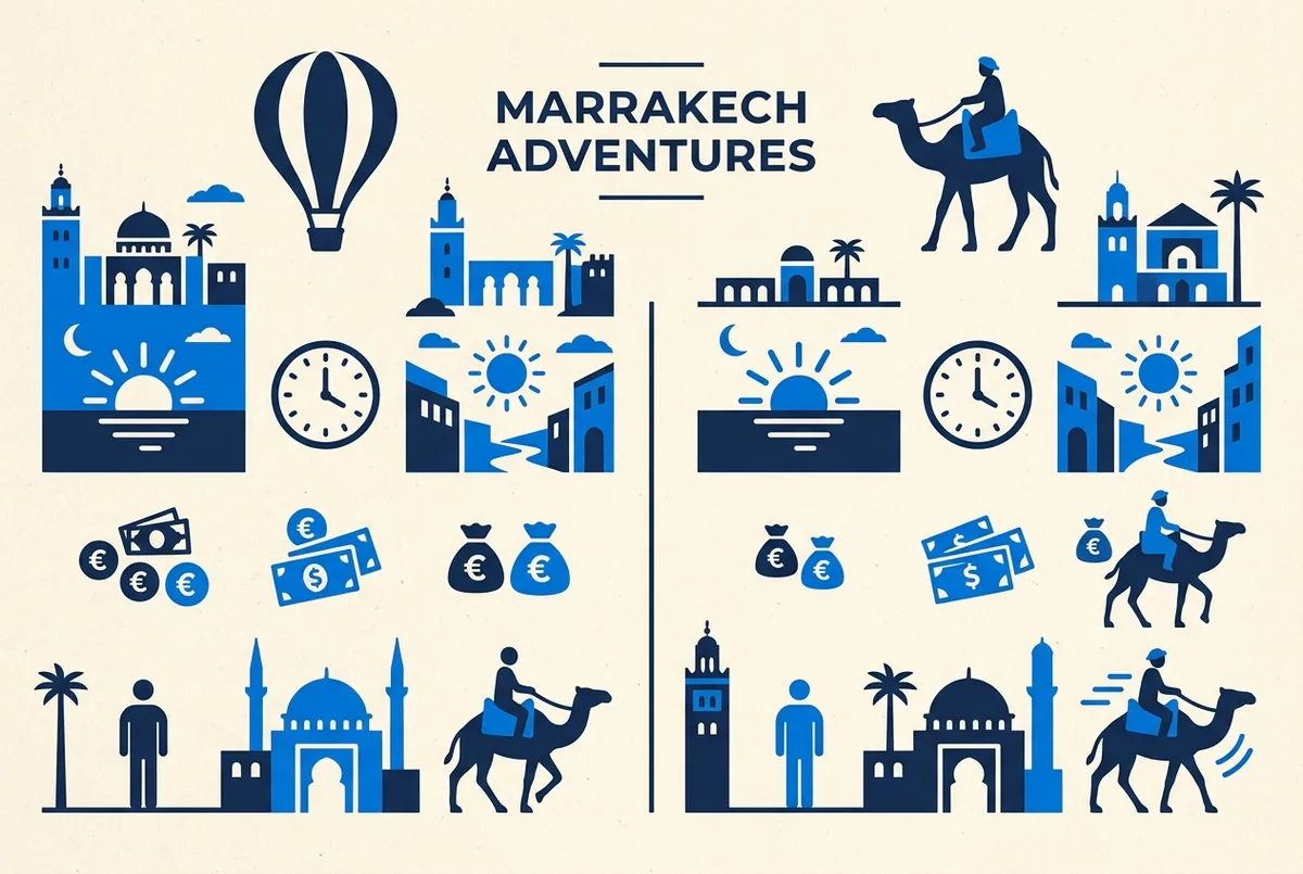Infographic style comparison chart contrasting a hot air balloon and a camel trek in Marrakech across starting time, typical price and physical effort, with simple balloon and camel icons