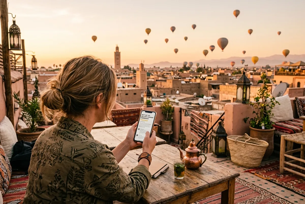 Traveler comparing hot air balloon operator reviews on a phone at a Marrakech rooftop cafe at dawn, best hot air balloon company marrakech scene