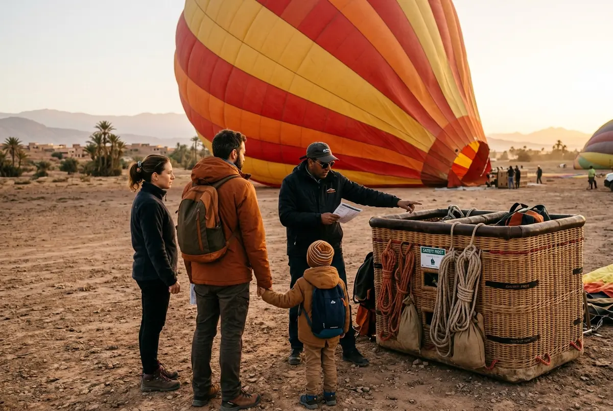 Parents and a young child standing beside a hot air balloon basket during a pre-flight safety briefing outside Marrakech, hot air balloon marrakech age limit scene