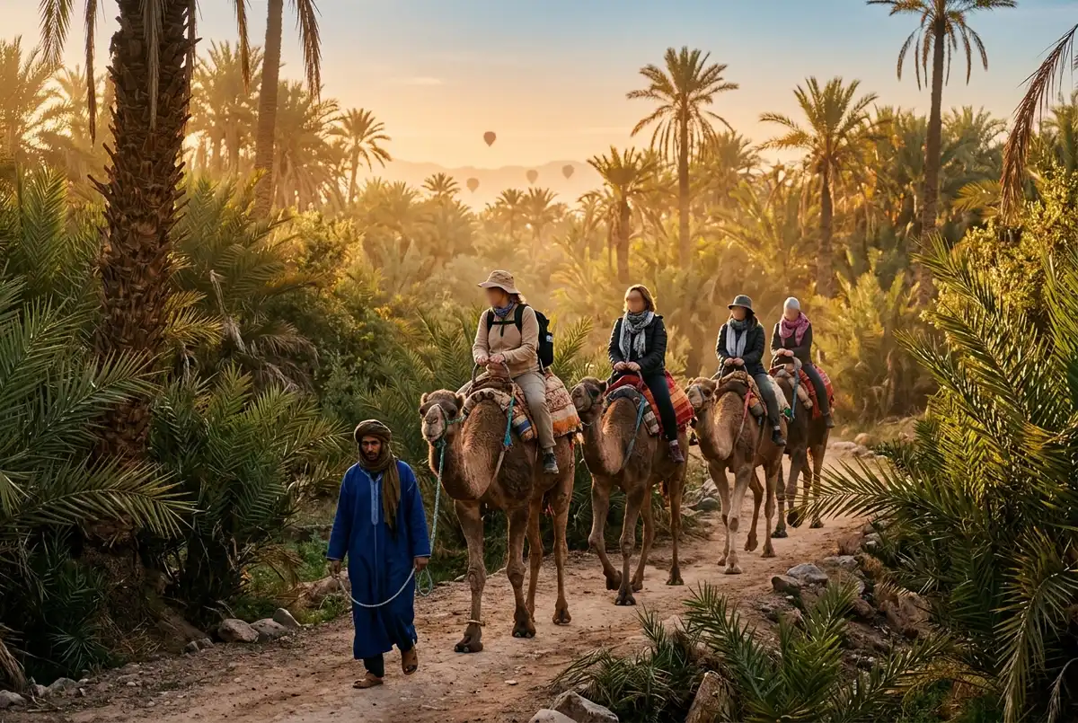 Tourists riding camels led by a handler through the palm groves of the Palmeraie near Marrakech after a sunrise hot air balloon flight