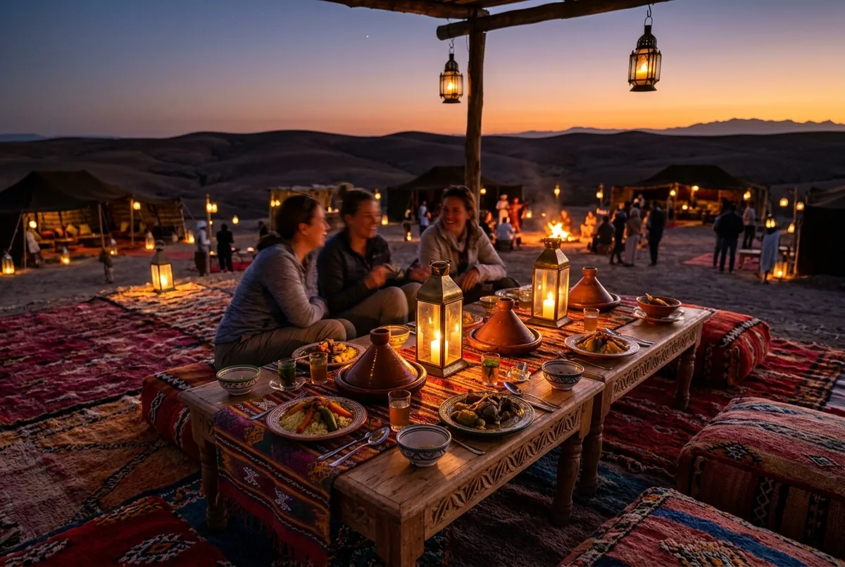Traditional Moroccan dinner table set with lanterns and rugs in a desert camp near Marrakech at dusk, agafay desert dinner show scene after a sunrise hot air balloon flight