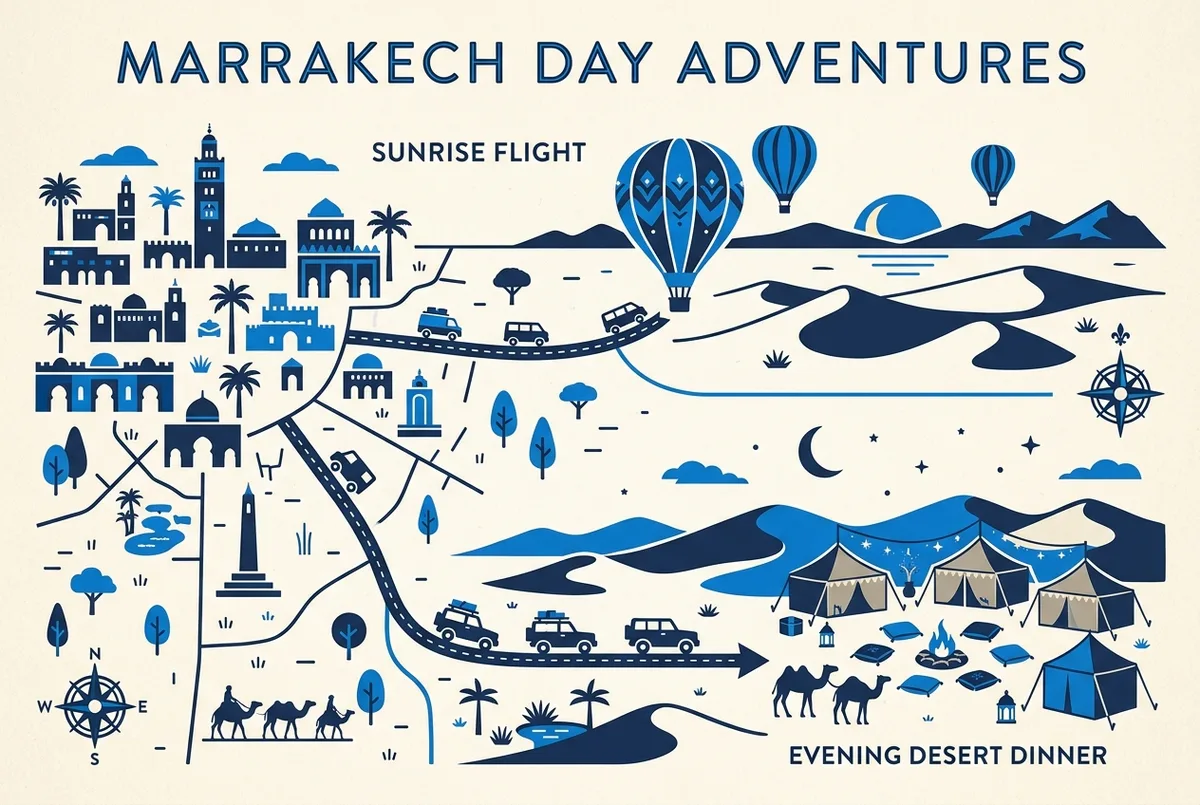 Infographic-style day map showing a Marrakech hot air balloon and desert dinner day split into a sunrise flight in the morning and a separate evening desert outing