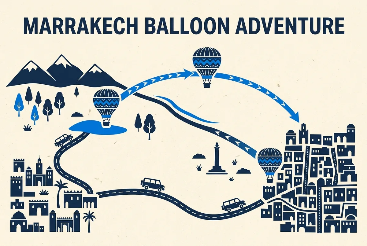 Hour by hour itinerary map showing hotel pickup, the balloon launch site in the Atlas foothills, the flight path and the return route into the Marrakech medina, marrakech hot air balloon adventure infographic