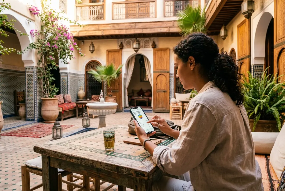 Traveler completing a hot air balloon booking confirmation on a phone in a Marrakech riad courtyard, marrakech hot air balloon booking scene