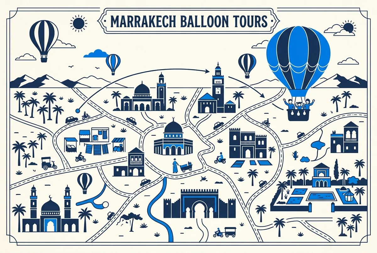 illustrated map of Marrakech highlights for Hot Air Balloon Marrakech with Kids: What Families Should Know, marrakech hot air balloon with kids