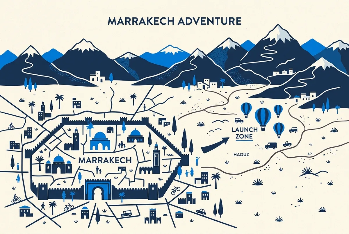 Carte schématique montrant plusieurs sites possibles de décollage de montgolfière autour de Marrakech selon la direction du vent, avec la médina au centre