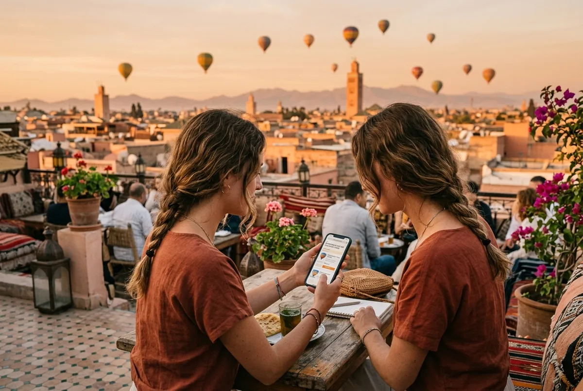 Traveler comparing hot air balloon ticket prices on a phone at a Marrakech rooftop cafe at sunrise, hot air balloon marrakech price scene