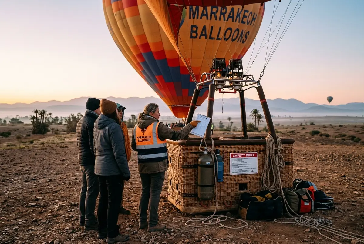Licensed pilot checking equipment and calmly briefing passengers beside an inflated hot air balloon at dawn outside Marrakech, marrakech hot air balloon safety scene