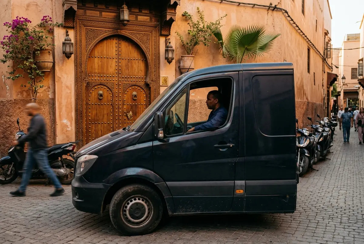 Driver in a dark van waiting outside a riad's carved wooden door in the Marrakech medina before dawn for a hot air balloon transfer pickup, marrakech hot air balloon transfer scene