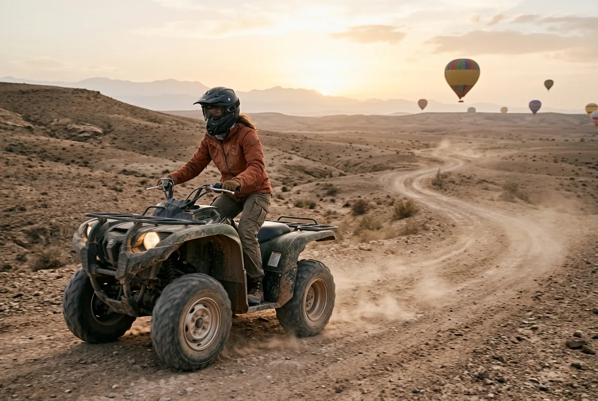 Traveler in a helmet and goggles riding a quad bike across dusty desert tracks outside Marrakech after a sunrise hot air balloon flight, agafay quad bike balloon combo scene