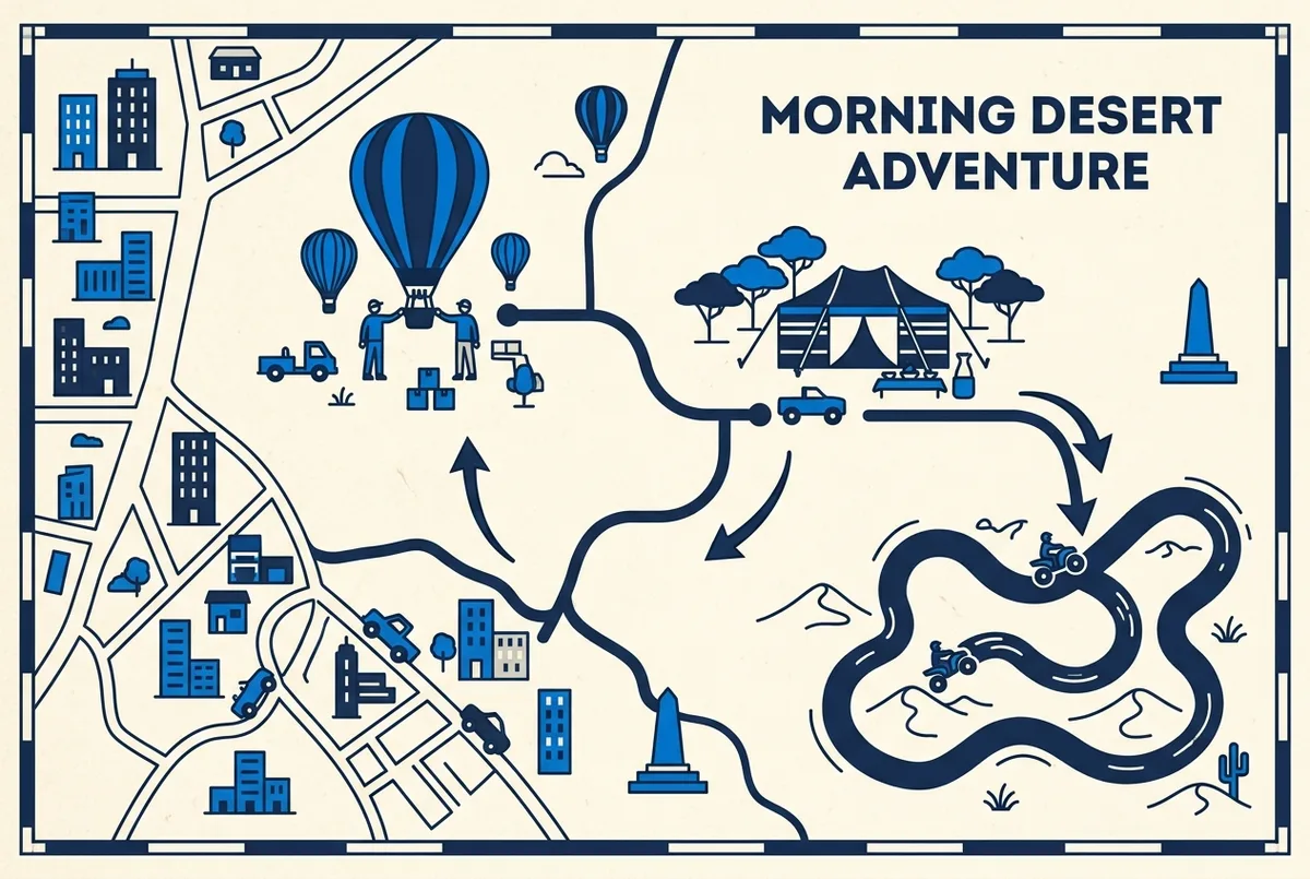 Infographic-style route map showing the morning sequence for a Marrakech hot air balloon and quad biking combo: launch site, breakfast tent, and desert quad track loop