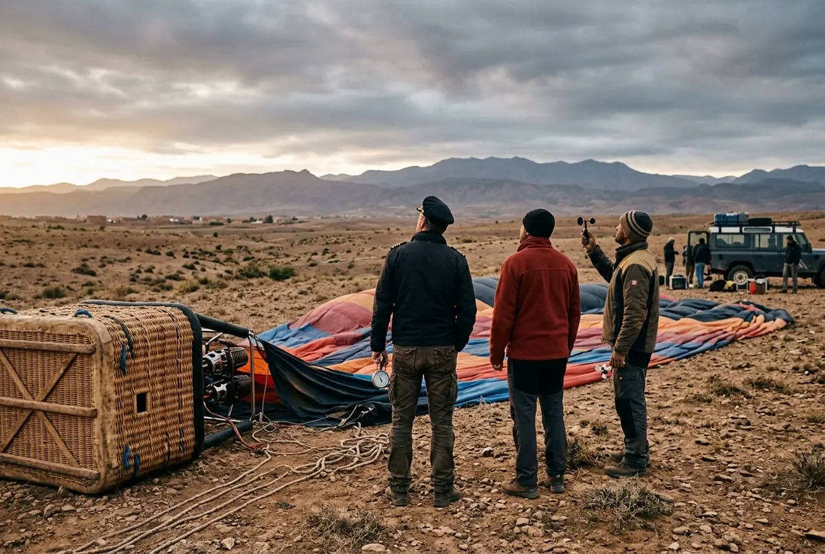 Pilot and ground crew checking wind conditions beside a deflated hot air balloon at dawn outside Marrakech, marrakech hot air balloon cancelled weather scene