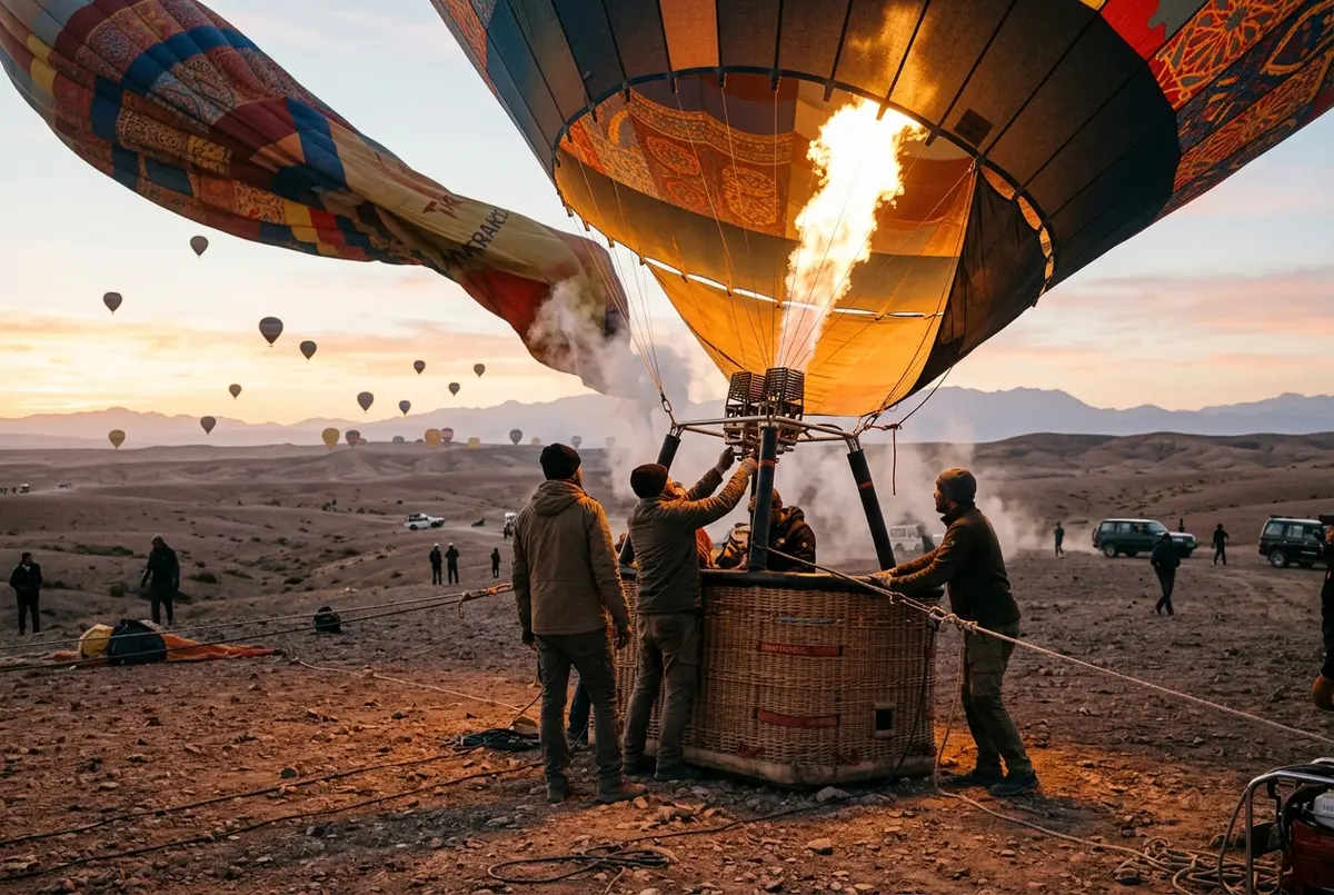 Hot air balloon crew preparing a balloon for launch at dawn near Marrakech, marrakech dream ballooning scene