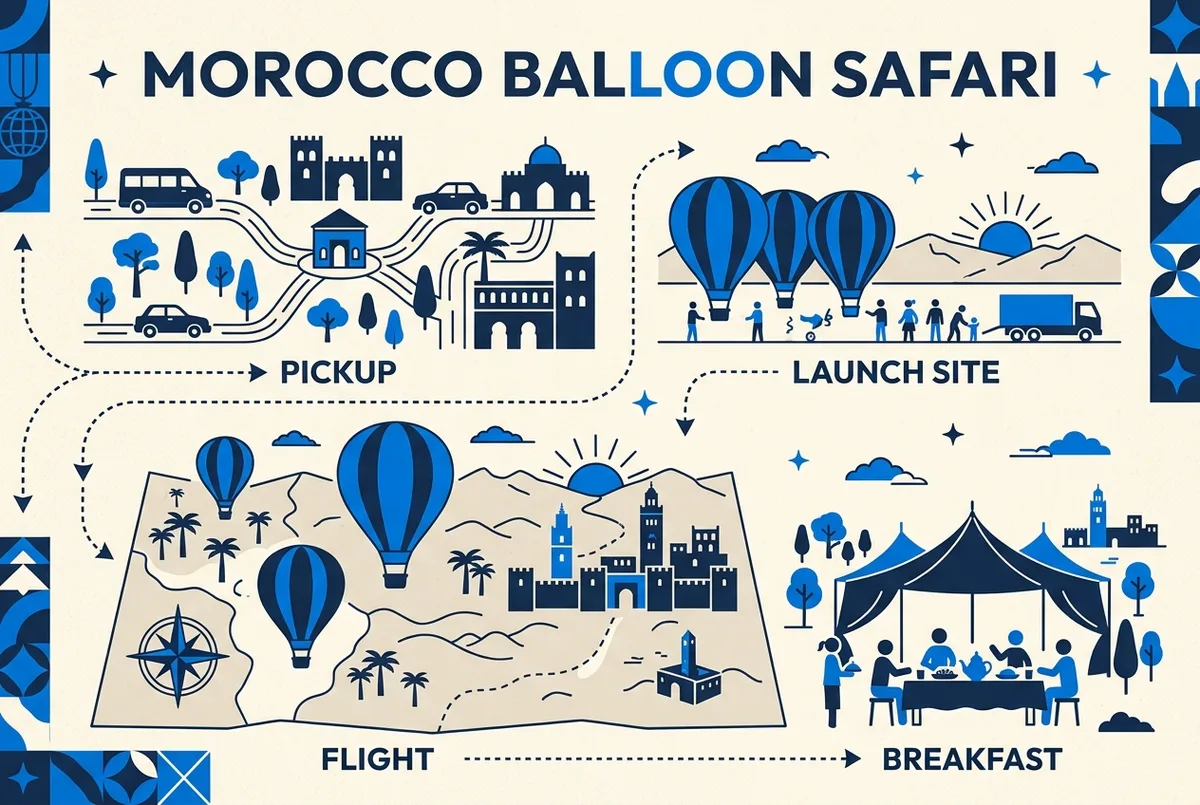 Comparison graphic showing the standard shared sunrise balloon flight format used by established Marrakech operators: pickup, launch site, flight, breakfast