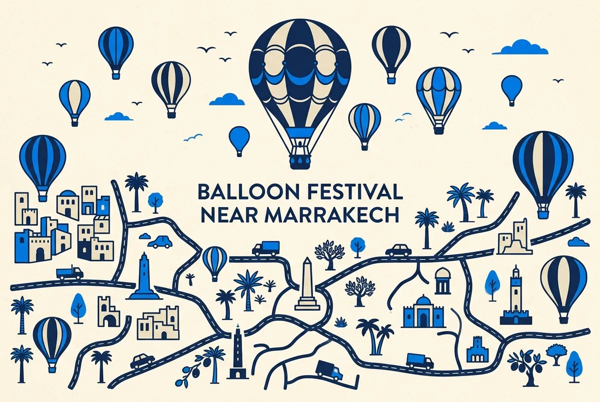 illustrated map of Marrakech highlights for Hot Air Balloon Festivals and Events Near Marrakech, marrakech hot air balloon festival