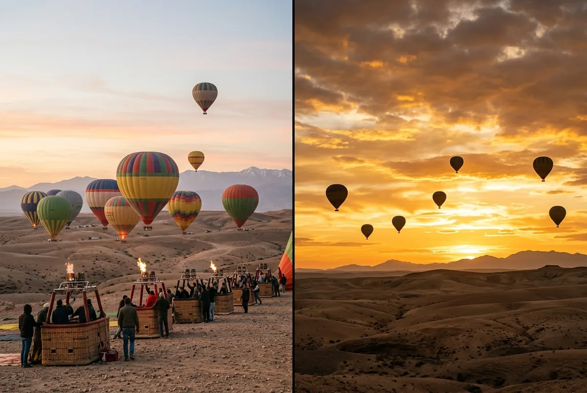 Split scene comparing a calm sunrise hot air balloon launch with a golden sunset sky over the Agafay Desert near Marrakech, marrakech hot air balloon sunset concept
