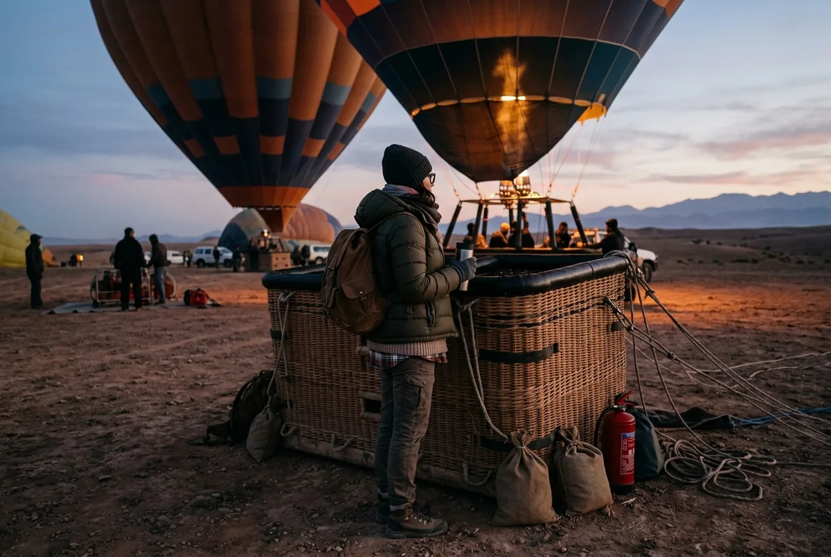 Traveler in a warm layered jacket over light clothing waiting beside a hot air balloon basket at a cold pre-dawn Marrakech launch site