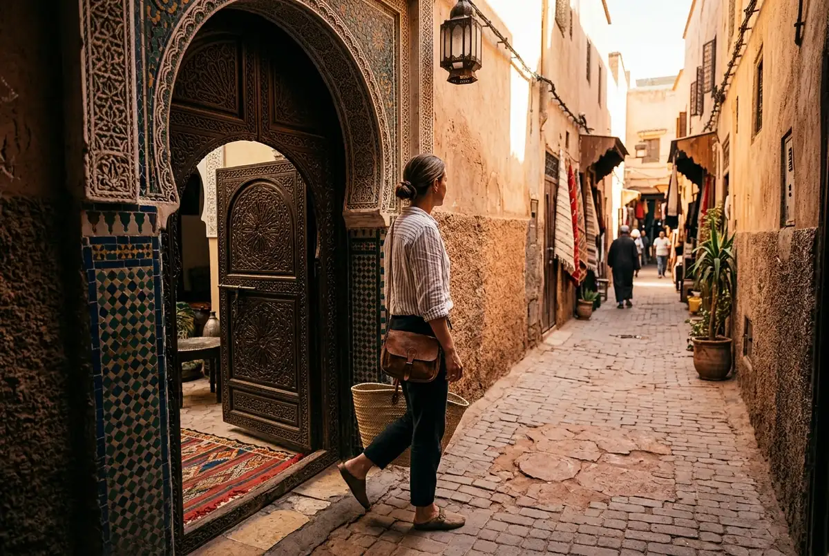 Traveler stepping out of a riad's carved wooden door into a quiet Marrakech medina alley before dawn with a small bag, ready for a hot air balloon pickup, where to stay marrakech hot air balloon scene